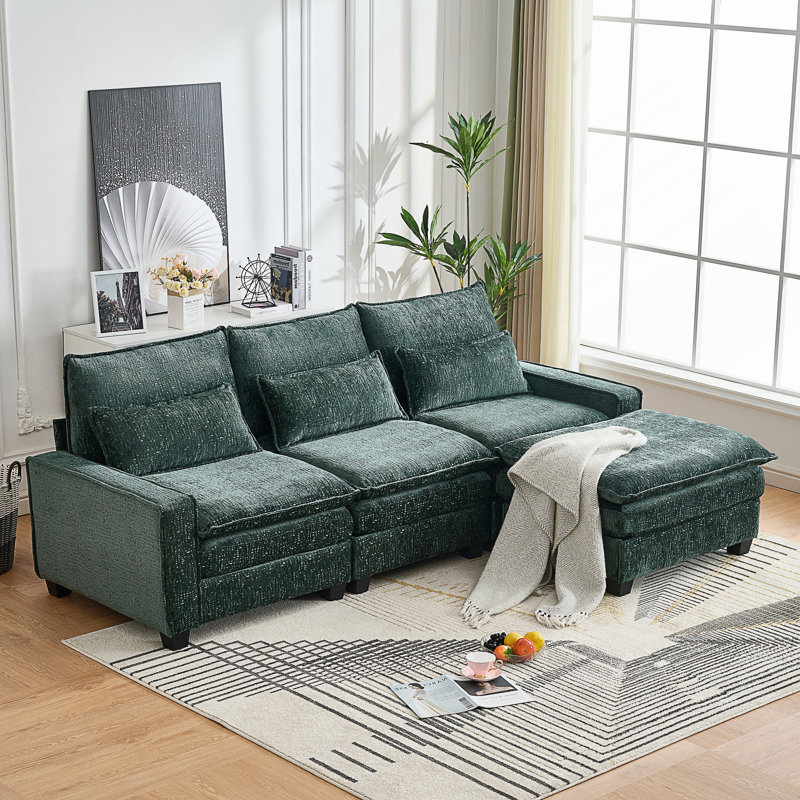 Zane 99'' Chenille Sectional Sofa with Movable Ottoman & Back Cushions, Green Chenille