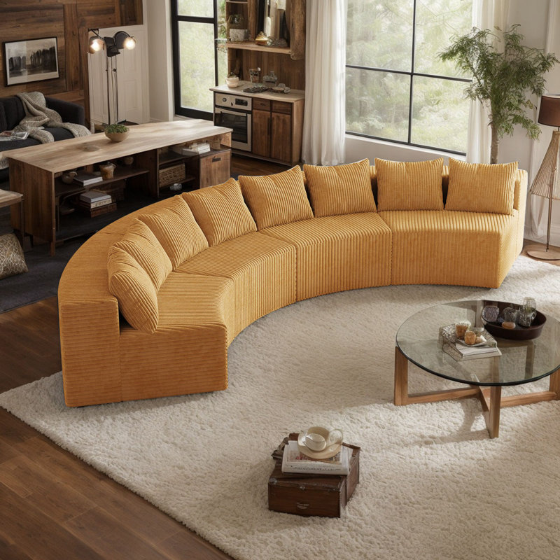 Boneless Corduroy Curved Sectional Sofa With Four Pillows, Modules, Black Corduroy, 30.5" H x 90.5" W x 43" D