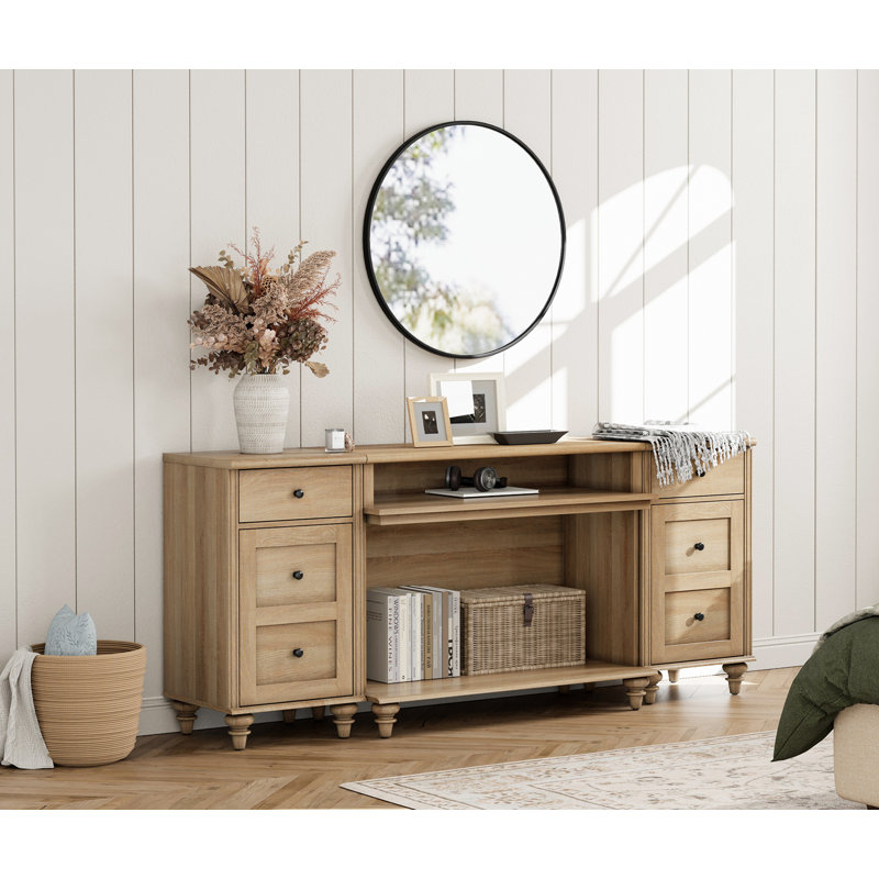 Sideboard Cabinet With 2 Drawers And 2 Open Shelves, Vintage Wood Grain Design, Buffet Cabinet With Charging Station, Coffee Bar For Dinning Room, Kitchen And Living Room, Oak, 70 Inch