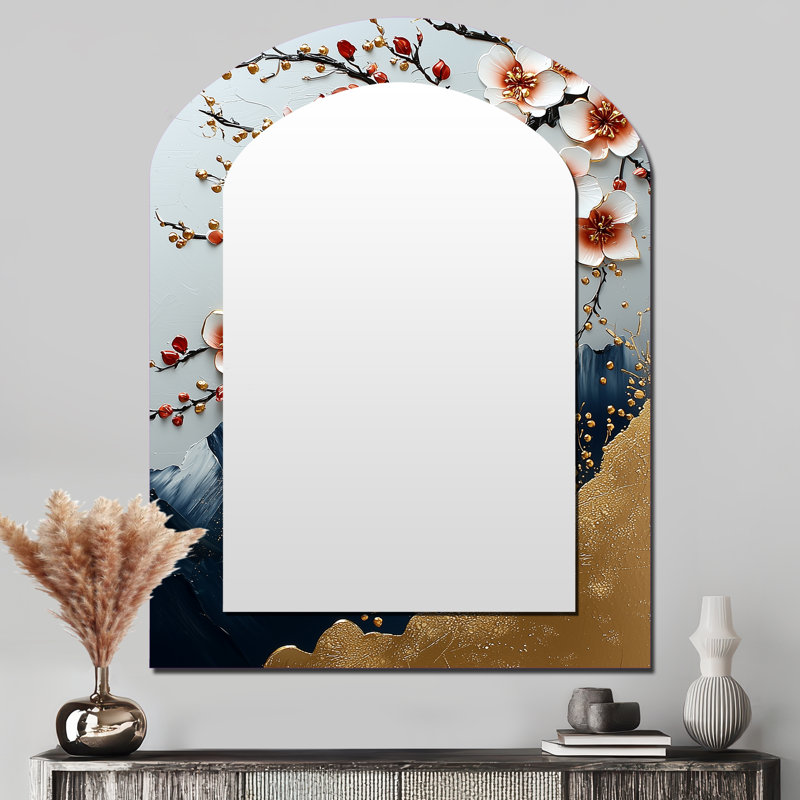 Blanc blanc cerisier en fleurs dans les montagnes - miroir asymétrique fleur de cerisier, 43 po x 33 po