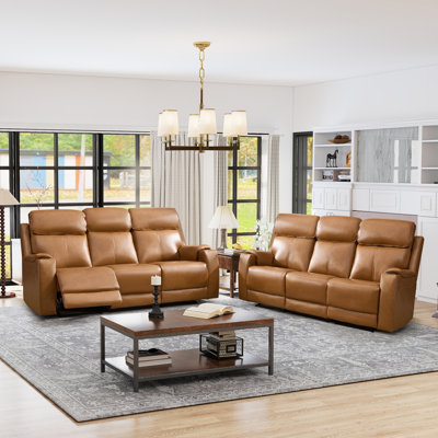 81.09" W Top Genuine Leather Power Reclining Sofa With Adjustable Headrest, USB & Wireless Charging(Set Of 2)