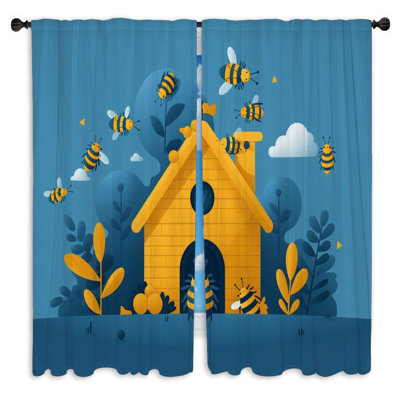 Bees Window Curtains  Nature Animated insects Drapes - 2 Panels