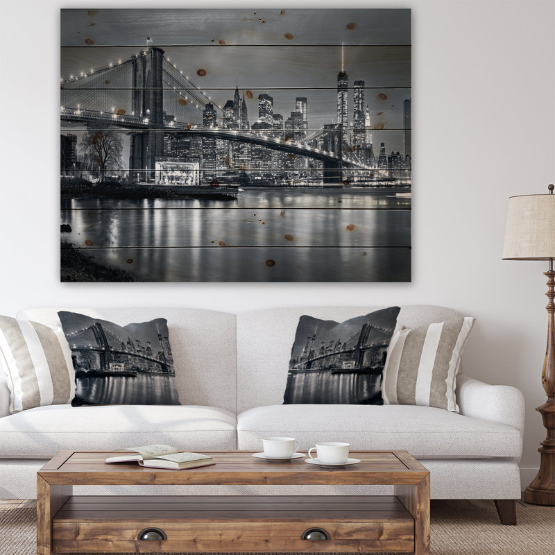 Panorama de la ville de New York la nuit, photographie sur métal, H 34 po x l 44 po, Impression encadrée, Bois