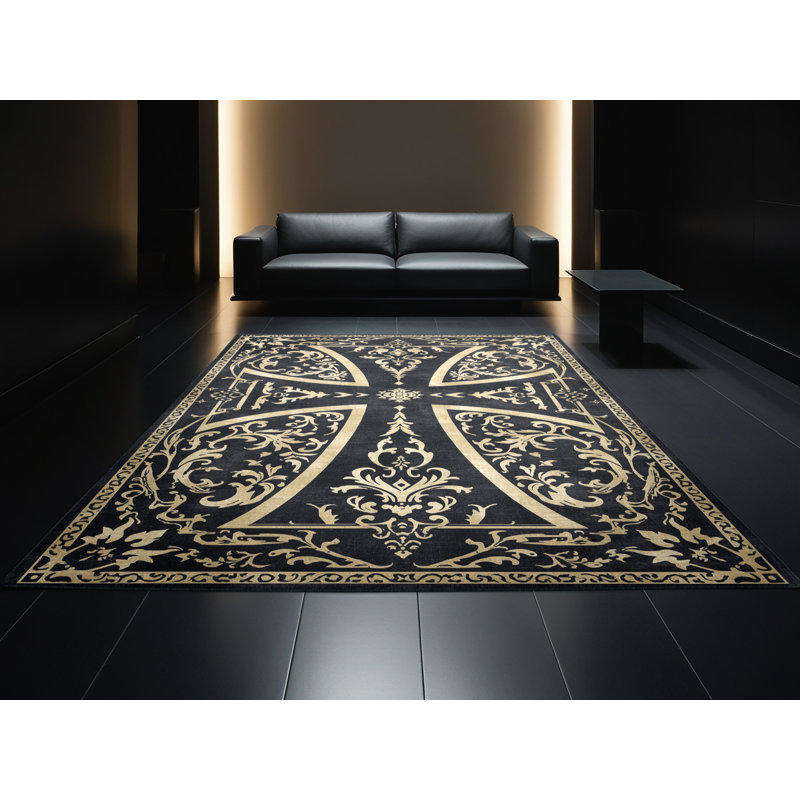 Machine Washable Fillmore Templar Cross Symbol Classic Damask Rug in Black – Black Binding, 2x4
