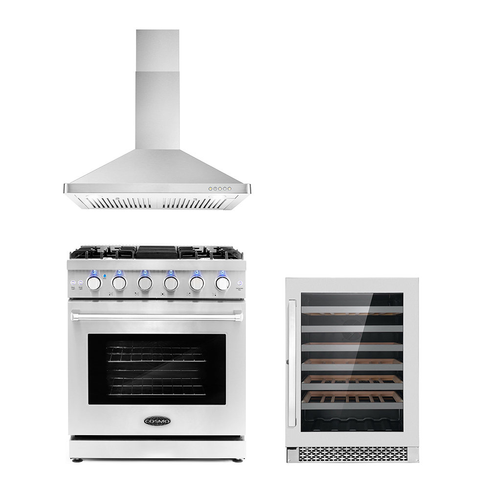 Cosmo 3 Piece Kitchen Appliance Package with 30'' Gas Freestanding Range ,  Wall Mount Range Hood , and Wine Refrigerator & Reviews