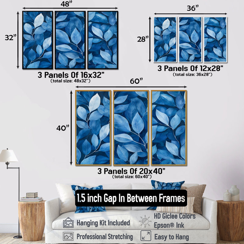 Indigo feuilles feuillage collage I - feuilles, art mural sur toile - 3 panneaux, Noir, H 32 po x l 48 po
