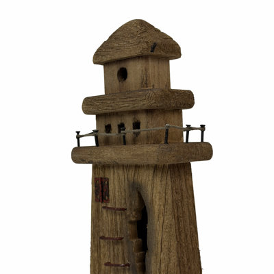 Coastal nautical weathered natural wood lighthouse statue with metal railing, 12.25 inches high