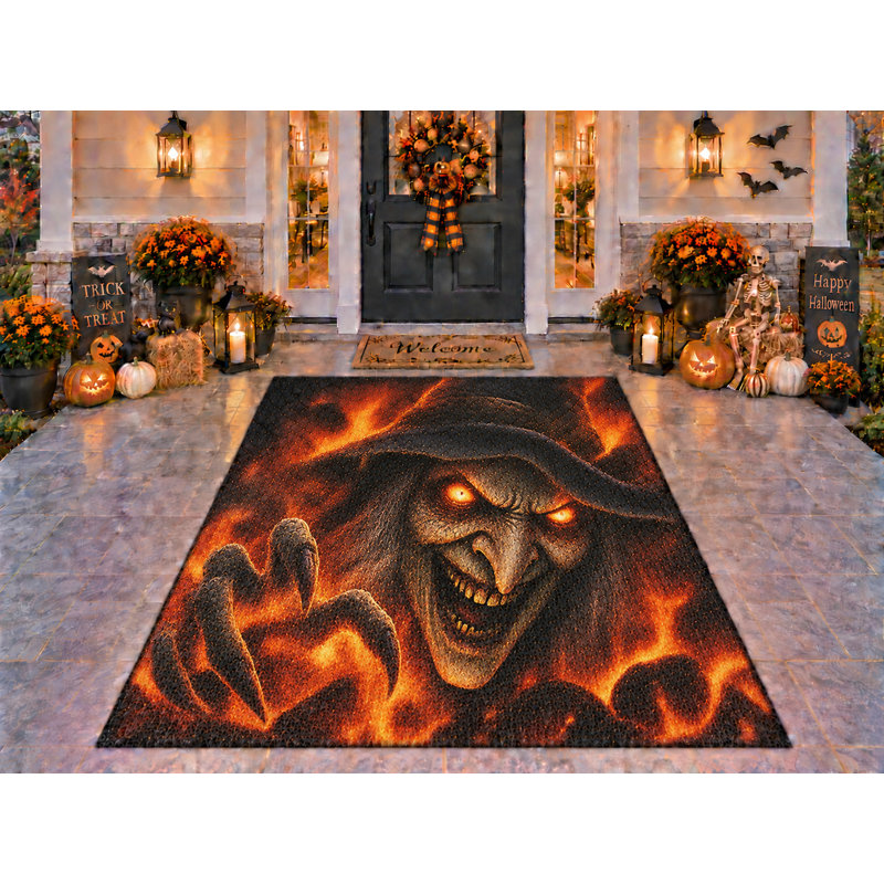 Tapis d'extérieur 152 x 213 cm (5 pi x 7 pi) motif sorcière hantée et enflammée d'Halloween, épais, imperméable, en PVC bouclé, résistant et à séchage rapide, idéal pour terrasse, balcon, entrée ou porche.