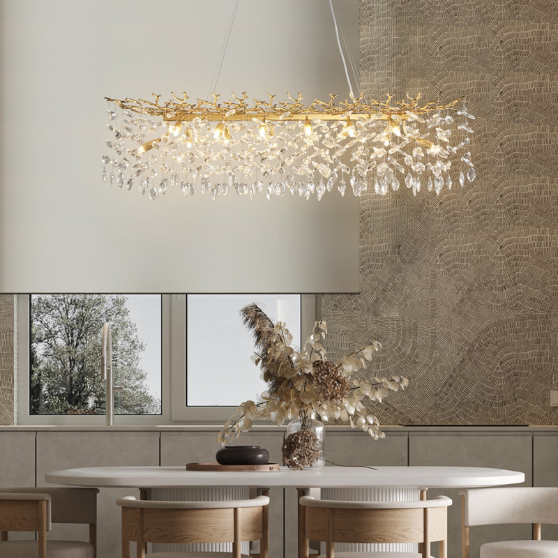 Modern K9 Raindrop Crystal Rectangular Tree Branches Chandeliers, Gold, 16" H x 16" W x 47" D, 14