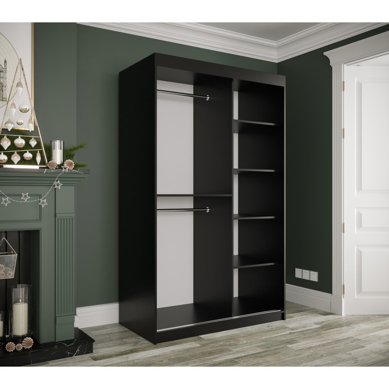 Blerata 2 Door Manufactured Wood Wardrobe, 200cm H x 120cm W x 62cm D, Black Matt/Black Matble