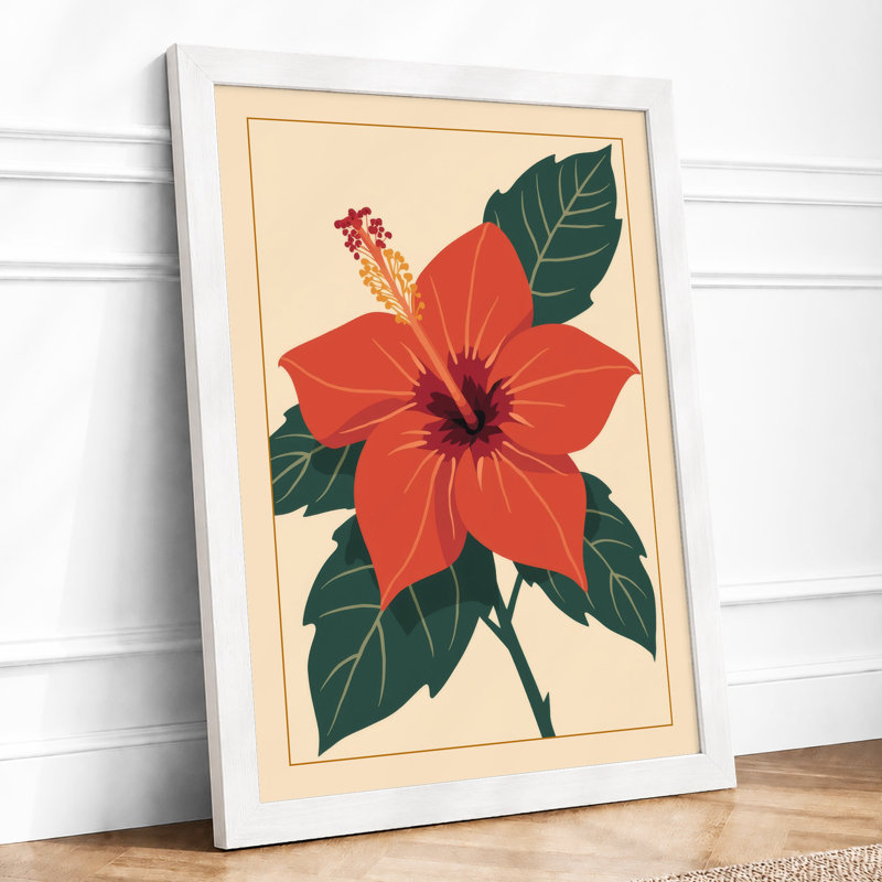 Red Hibiscus Bloom Botanical - Framed Print, A1 - 84.1 x 59.4 cm, White
