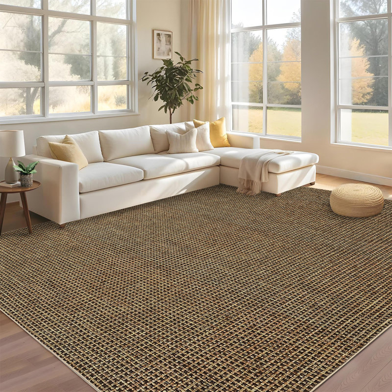 9'x12' Soft Plaid Washable Area Rug, Ultra-Thin Modern Stain Resistant Carpet for Home Office, Brown, Brown