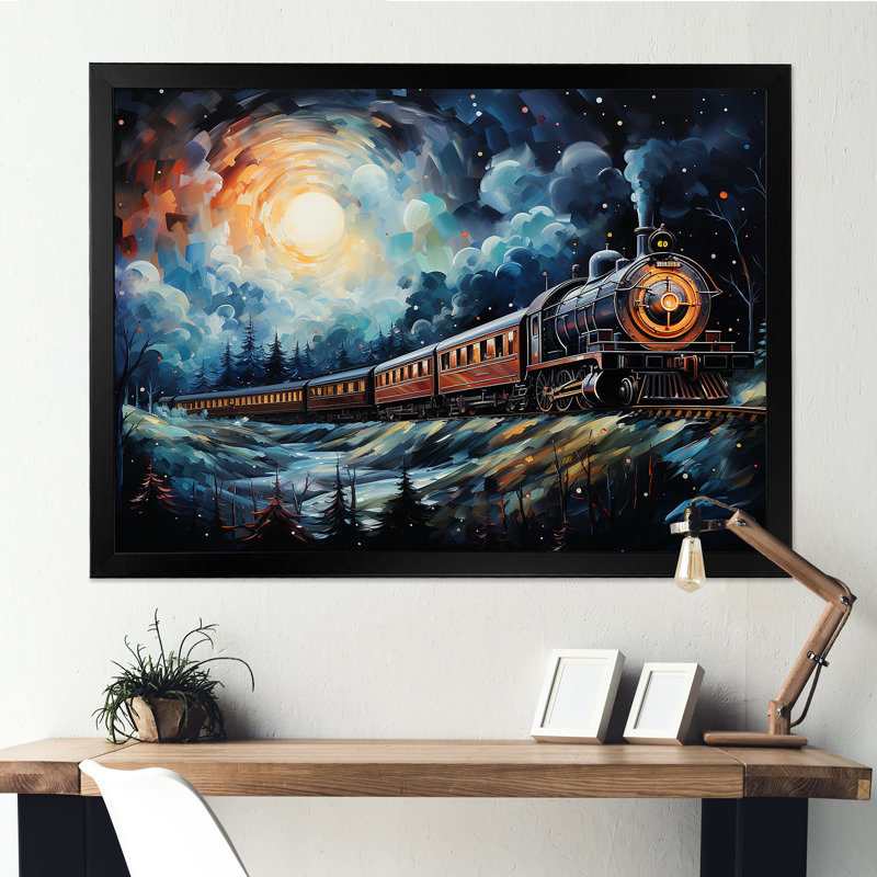 «Orange Moonlight Countryside Train Journey III» - art mural train, Cadre d'angle fermé noir, H 34 po x l 44 po x P 1,5 po