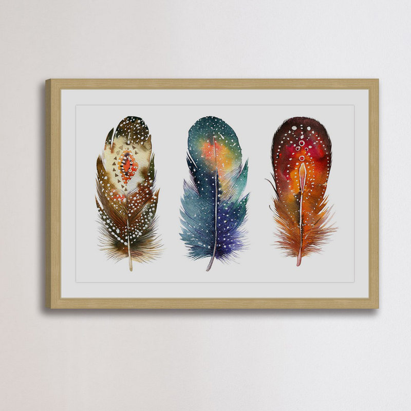 " Colored Feathers " Watercolor Print, 12" H x 18" W x 1.5" D, Gold Framed