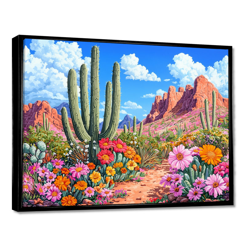 Désert fleuri en Arizona I - Arizona, art mural, H 24 po x l 32 po, Impression dans un cadre flottant sans passe-parto, Noir