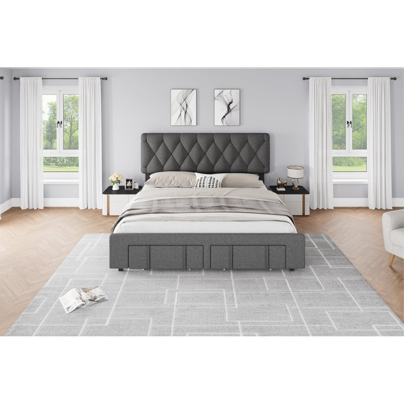 Structure de lit très grand avec tête de lit capitonnée à motif de losanges, structure de lit plateforme tapissier avec tiroir de rangement, support de lattes en bois robuste, aucun sommier nécessaire, silencieux, gris