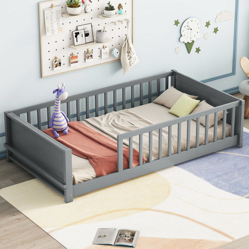 Jedu Kids Twin Floor Platform Bed with Headboard Shelf, Gray