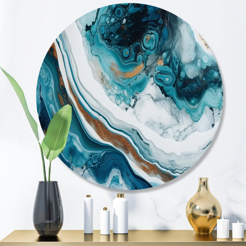 Ocean Marble Hald Circle Abstract III - Abstract Marble Round Wall Art on Metal, 16" H x 16" W x 1" D