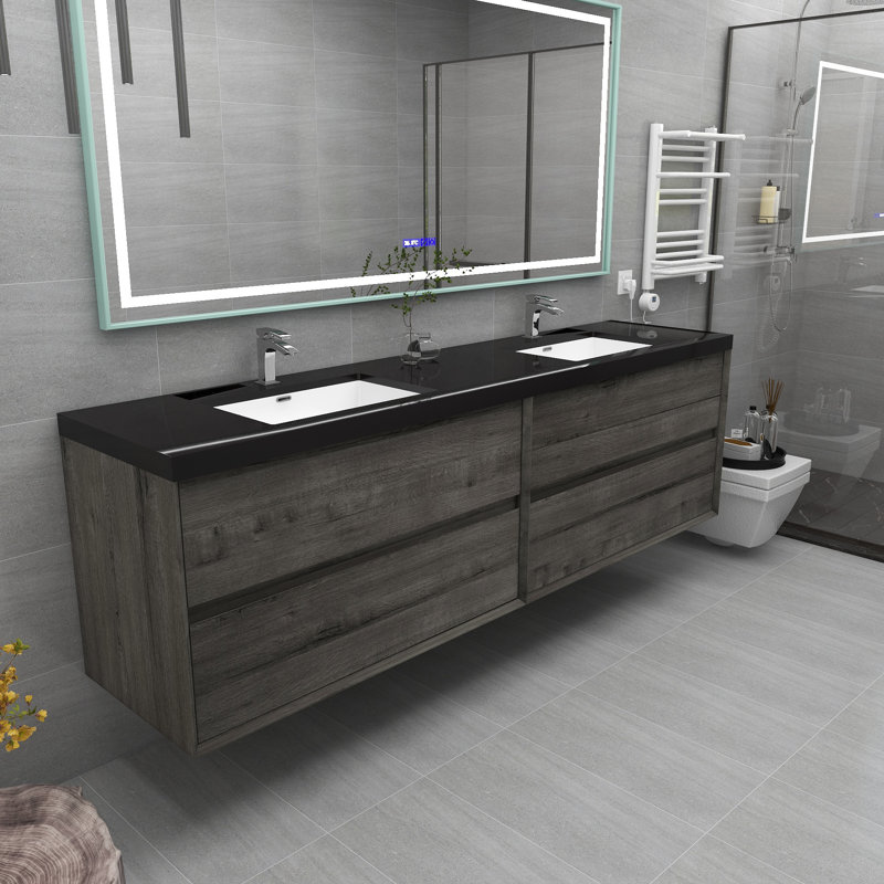 Ensemble de meuble-lavabo double mural 84 po Calarco Kody, Chêne fumé