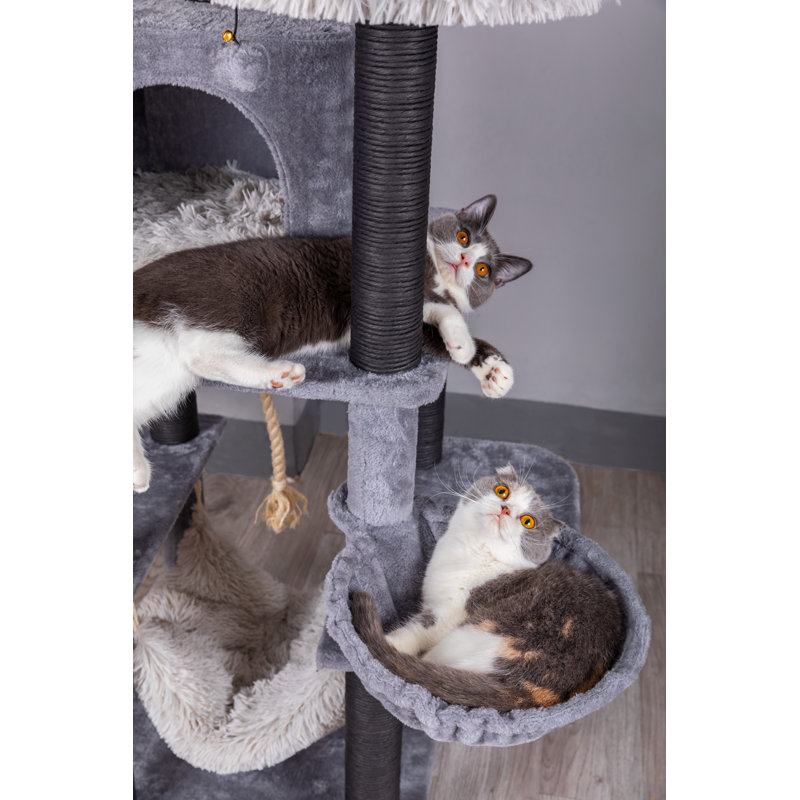 63'' Gray Faux Fur and Sisal 7-Level Cat Tree Tower