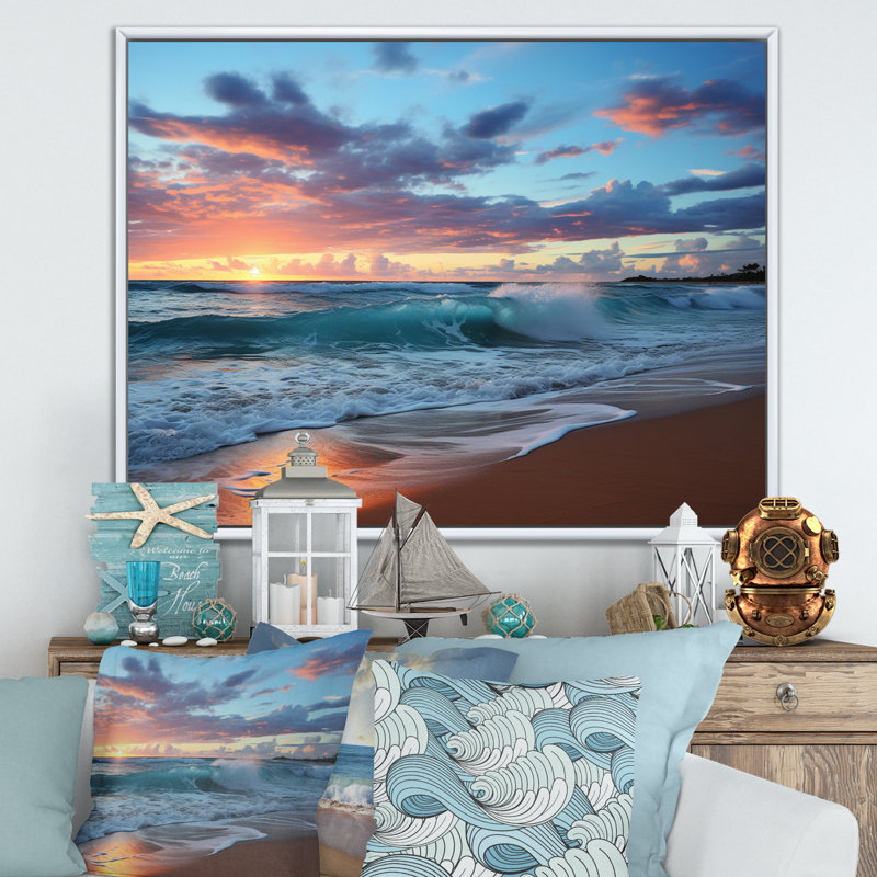" Sunset Beachside Horizon IV ", White Floater Framed, 24" H x 32" W x 1" D