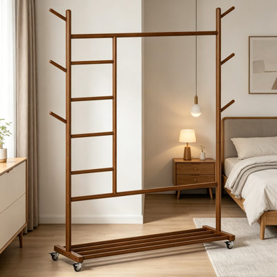 Portant à vêtements sur roulettes en bois massif, portemanteau autoportant 4 en 1 avec porte-pantalons et tablette de rangement, portemanteau robuste pour suspendre les vêtements, organisateur de garde-robe peu encombrant pour vestibule de chambre à coucher, noyer