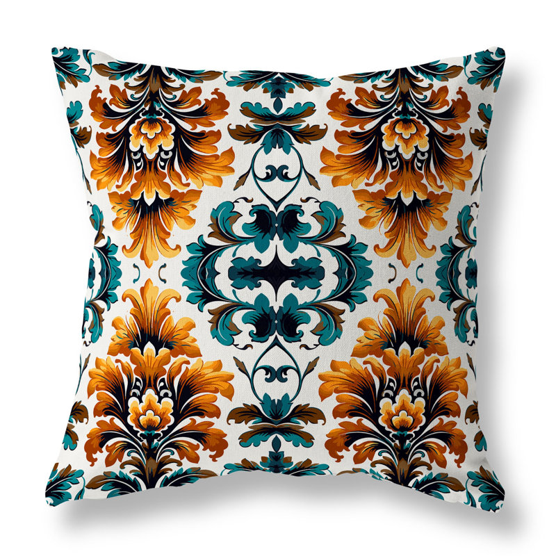 Coussin décoratif réversible intérieur / extérieur Damask Rapture, H 20 po x l 20 po, Vert / orange
