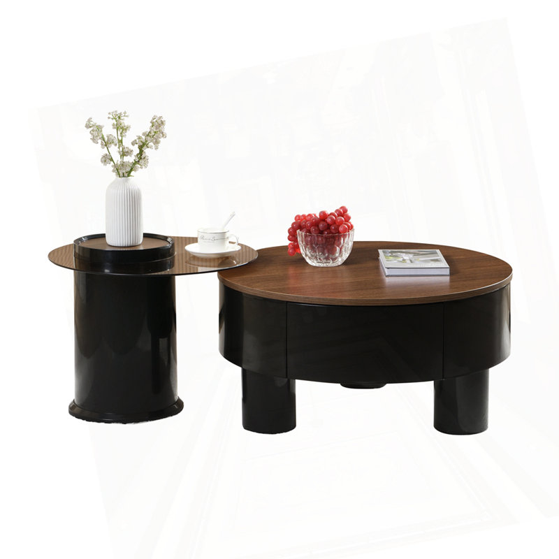 Ensemble de 2 tables basses rondes gigognes, Brun / Noir