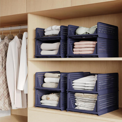 Stackable Plastic Storage Basket, Foldable Closet Organizers And Storage Bins 4 Pack Drawer Shelf Storage Container For Wardrobe Kitchen Bathroom Office Dorm