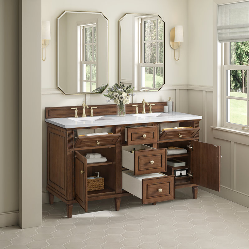 Lorelai 60'' W Double Vanity, White Zeus, Mid-Century Walnut, 8" Widespread