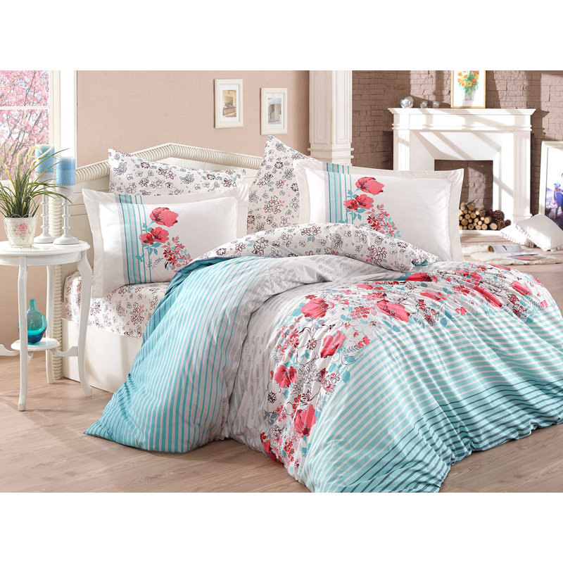 Ensemble de housse de couette 100% coton Hodgins, Aqua, Housse de couette double TG + 3 pièces supplémen