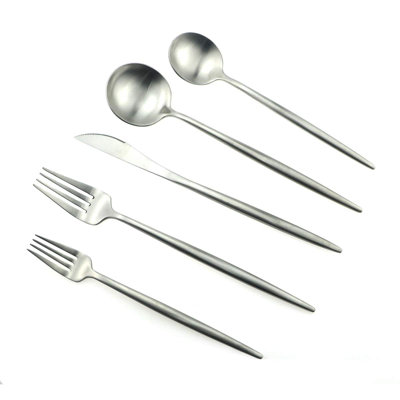 Ensemble de couverts 20 pièces en acier inoxydable mat, service pour 4, comprenant couteaux, fourchettes, cuillères et pailles