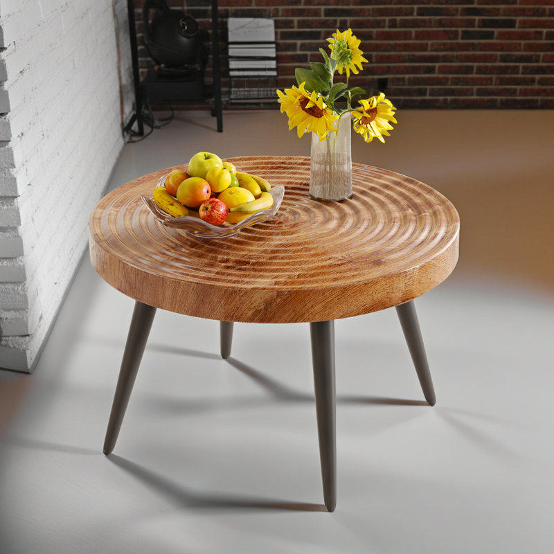 23.6" Round Wood Grain Coffee Table – Black Metal Legs & Adjustable Feet, Natural Wood, Black
