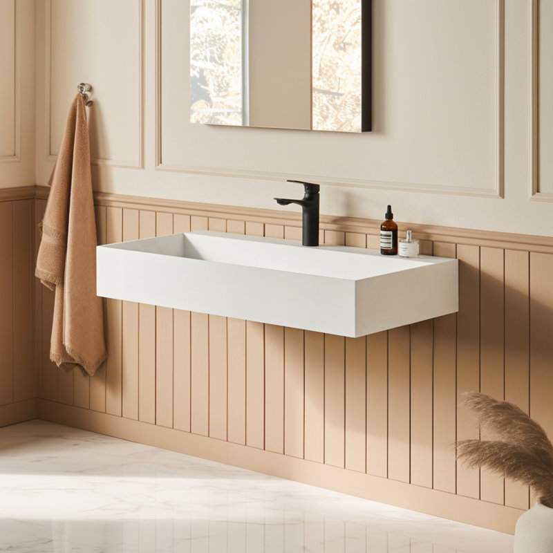 30 "x18" Resin Rectangular Wall Mount Bathroom Sink with Single Faucet Hole