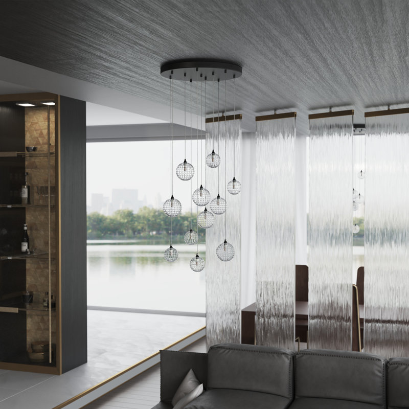 Breeze 11 Grey Glass Pendants Chandelier, Black, 120"