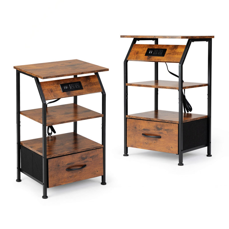 Table de chevet deux pièces avec station de charge, table de chevet avec tiroir, table de bout avec prises USB, 2