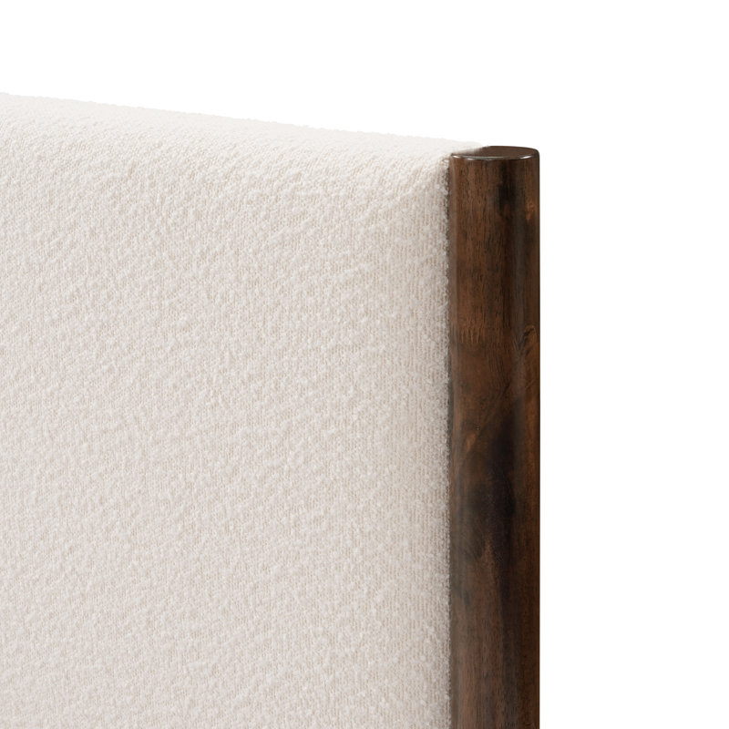 Structure de lit en bois massif Ardin avec tête de lit tapissier crème, Très grand lit, Noyer