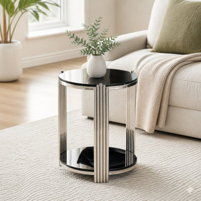 Table de bout moderne, table de chevet, verre noir trempé double couche et cadre de salon en acier inoxydable argenté, table ronde, assemblage facile.