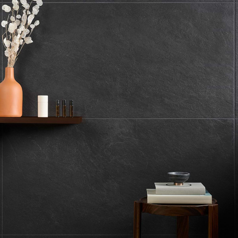 Era 24x48 Matte Textured Limestone Look Porcelain Tile, Charcoal Black