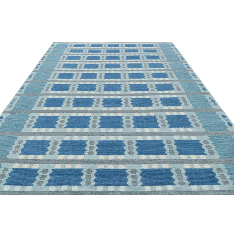 Rug & Kilim’S Scandinavian Rug In Blue And Gray With Geometric Patterns, Rectangle 8' x 10'