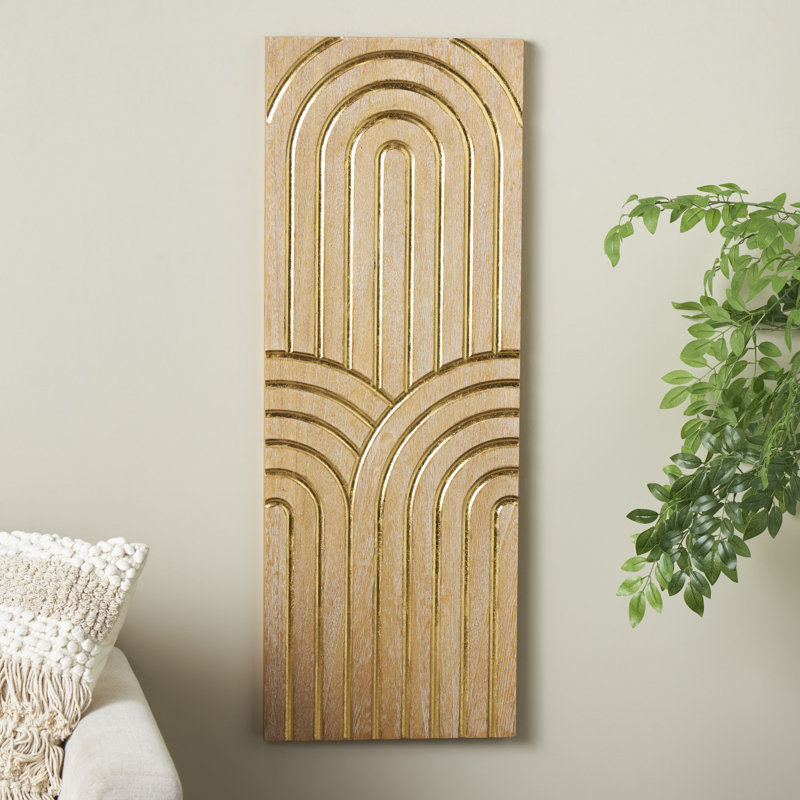 Wood Panel Geometric Light Brown Wall Decor with Overlapping Gold Arches
