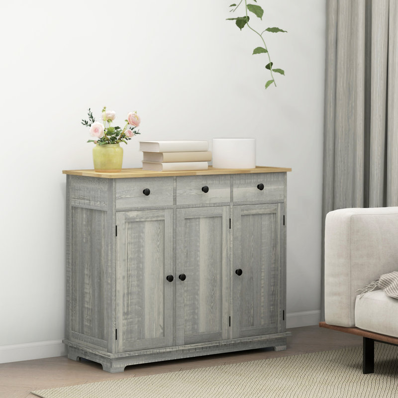 Armoire de cuisine moderne grise - Buffet avec 3 tiroirs, tablette réglable et portes pour économiser de l'espace