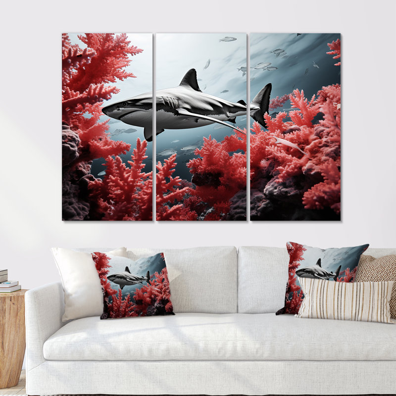 Danse de requin monochrome gris et rouge - Ensemble de toiles corail sous l'eau, H 28 po x l 36 po x P 1 po