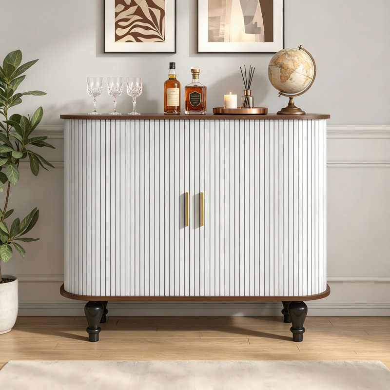 Fluted Bar Cabinet, White Liquor Coffee Station With Wine Racks, Glass Holders & Drawer, White