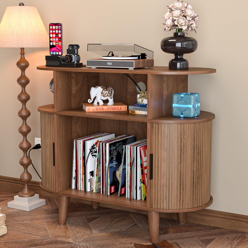 Round Record Player Stand With Charging Station, Turntable Stand Table With Open Storage, Audio Rack, Walnut