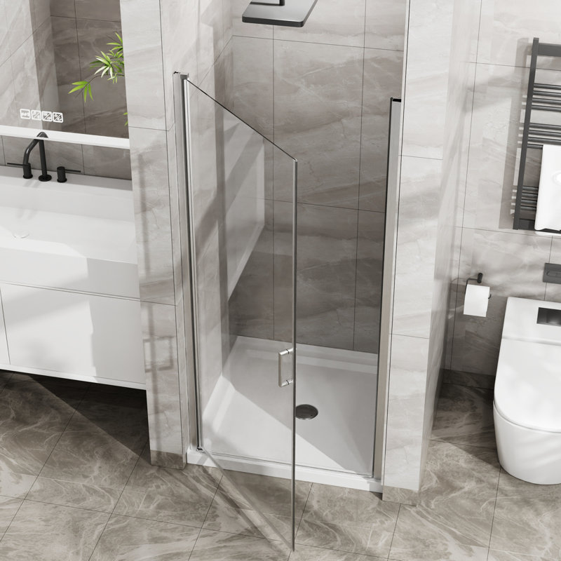 Semi- Shower Pivot Door, 34"x72", 1/4" Tempered Glass, , 180° Rotatable, Waterproof Seals 34"x72" Glass , Semi-, 90° Door Opening,