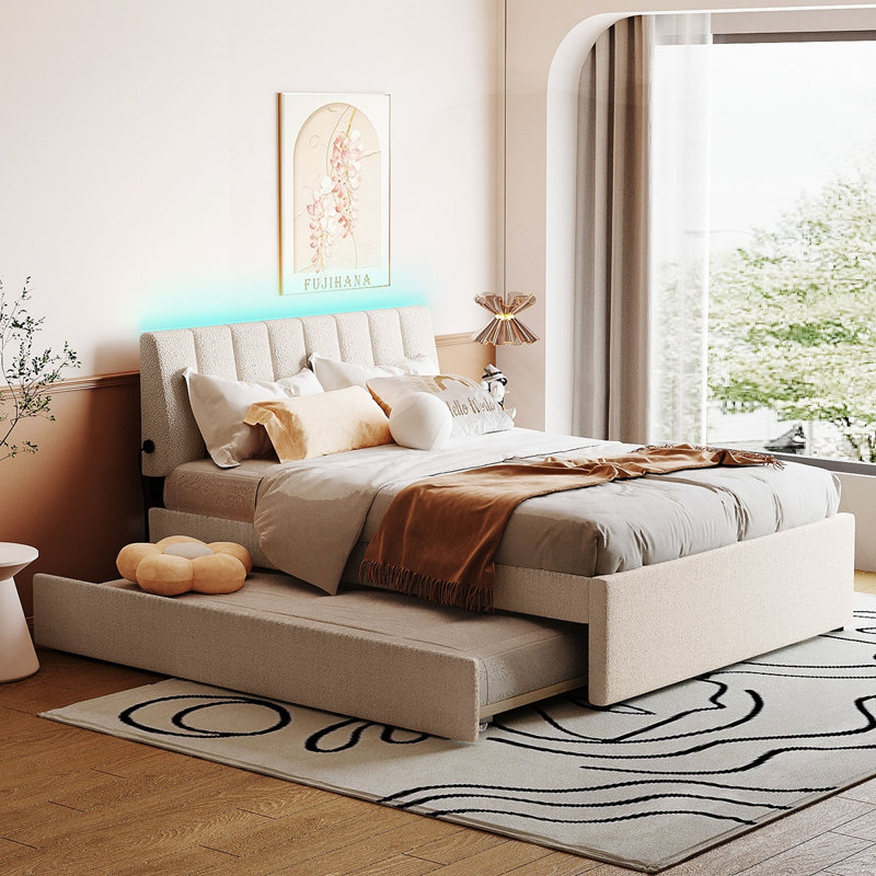 Lit plateforme tapissier Teddy, Beige, Double