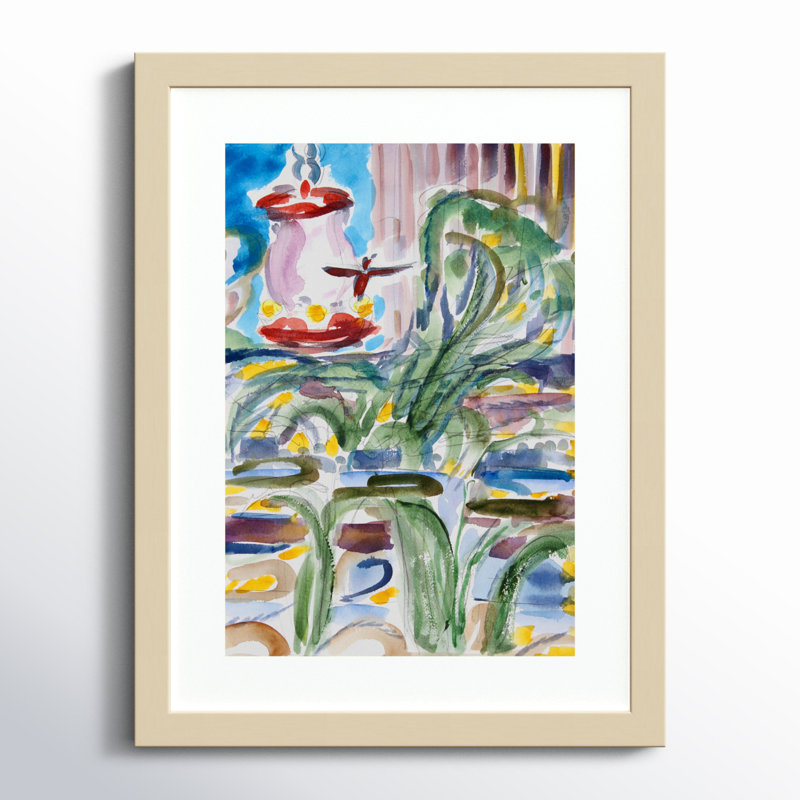 Hummingbird and Lily Pond, encadré sur papier par impression, Brun, H 25 po x l 19 po x P 1 po