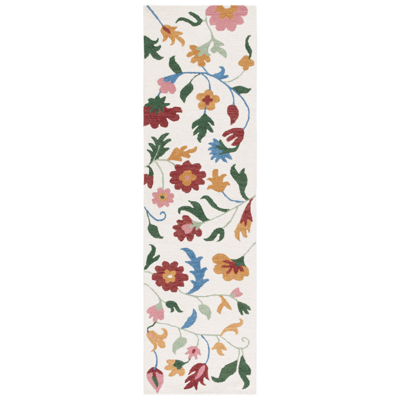 Abhinandan Hand Tufted Wool/Cotton Performance Floral Rug in Red/Green/Ivory, Runner 2'6" x 8'