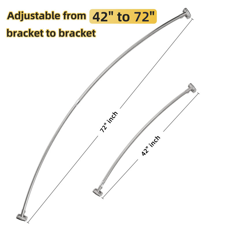 Tringle de douche ajustable incurvée, tringle de rideau de douche extra large de 42 à 72 pouces, antirouille, acier inoxydable de qualité supérieure, tringle de rideau de douche incurvée, argent